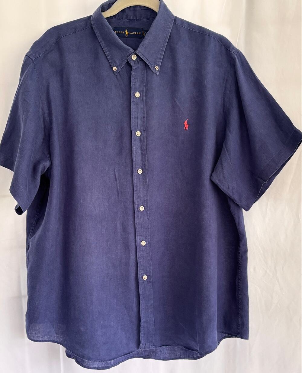 Ralph Lauren Mens XL 100% Linen Shirt Navy Short Sleeve Button Down Red Pony